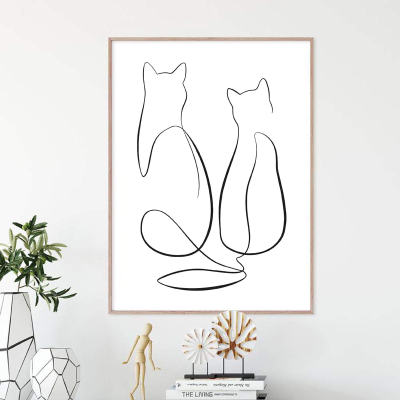 KuingbhnTwo Cats Single Line Drawing Wall Canvas Art Print Black White Abstract Poster Modern Minimalist Home Decor 30x40cmx1pcs Frameless