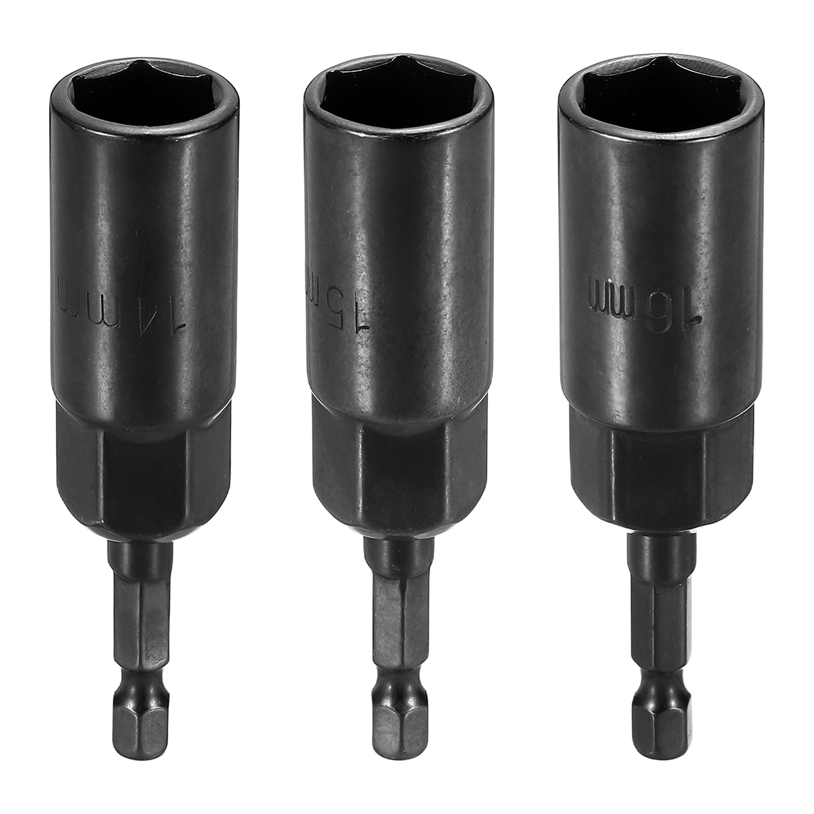 sourcing map 3pcs Nut Driver Drill Bit 14+15+16mm Metric Socket 1/4" Hex Shank 3.15" (80mm) Extra Long 6-Point Sockets Quick Change Cr-V Steel Bolt Setters for Power Drill Drivers, Black