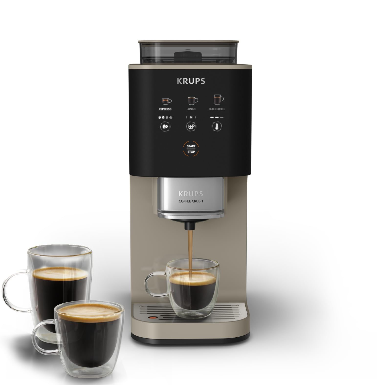 Krups Coffee Crush Extra Kaffeevollautomat, Edelstahlmühle für frisch gemahlenen Kaffee, nur 15 cm breit, smartes Bedienfeld, auch für vorgemahlenen Kaffee, einfache Reinigung, Beige, SA402AE0