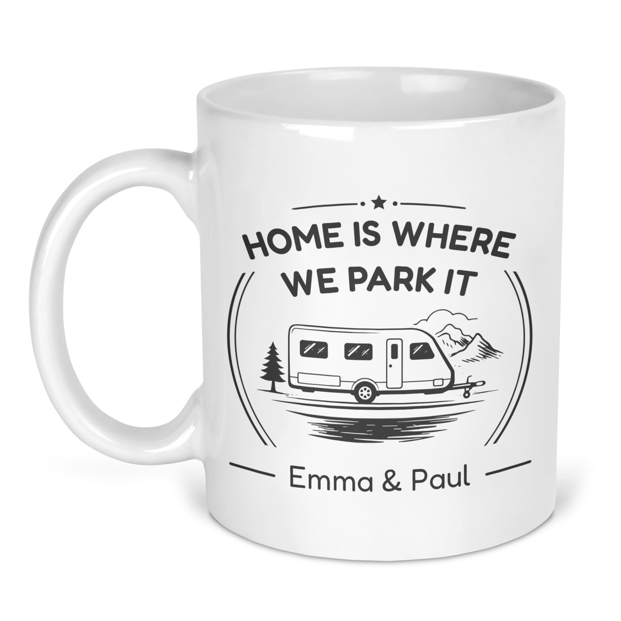 Chicken Craft Personalised Caravan Mug with Name - Single Axle Grey Home is Where We Park It Camping Gift