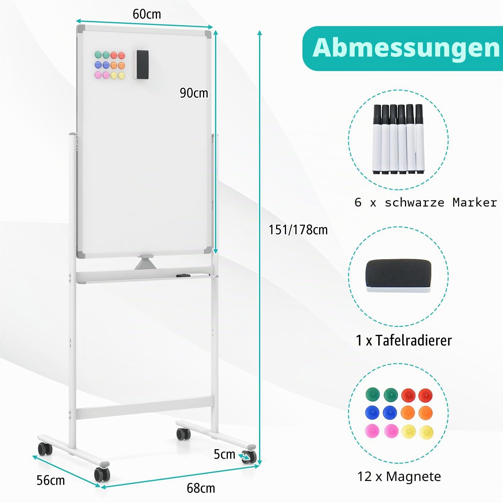 GIANTEX Doppelseitiges Mobiles Whiteboard, 60 x 90 cm, magnetisches Whiteboard höhenverstellbar mit Rollen & Ständer, Magnettafel mit Stiftablage, inkl. Zubehör, Trocken abwischbar (Weiß)