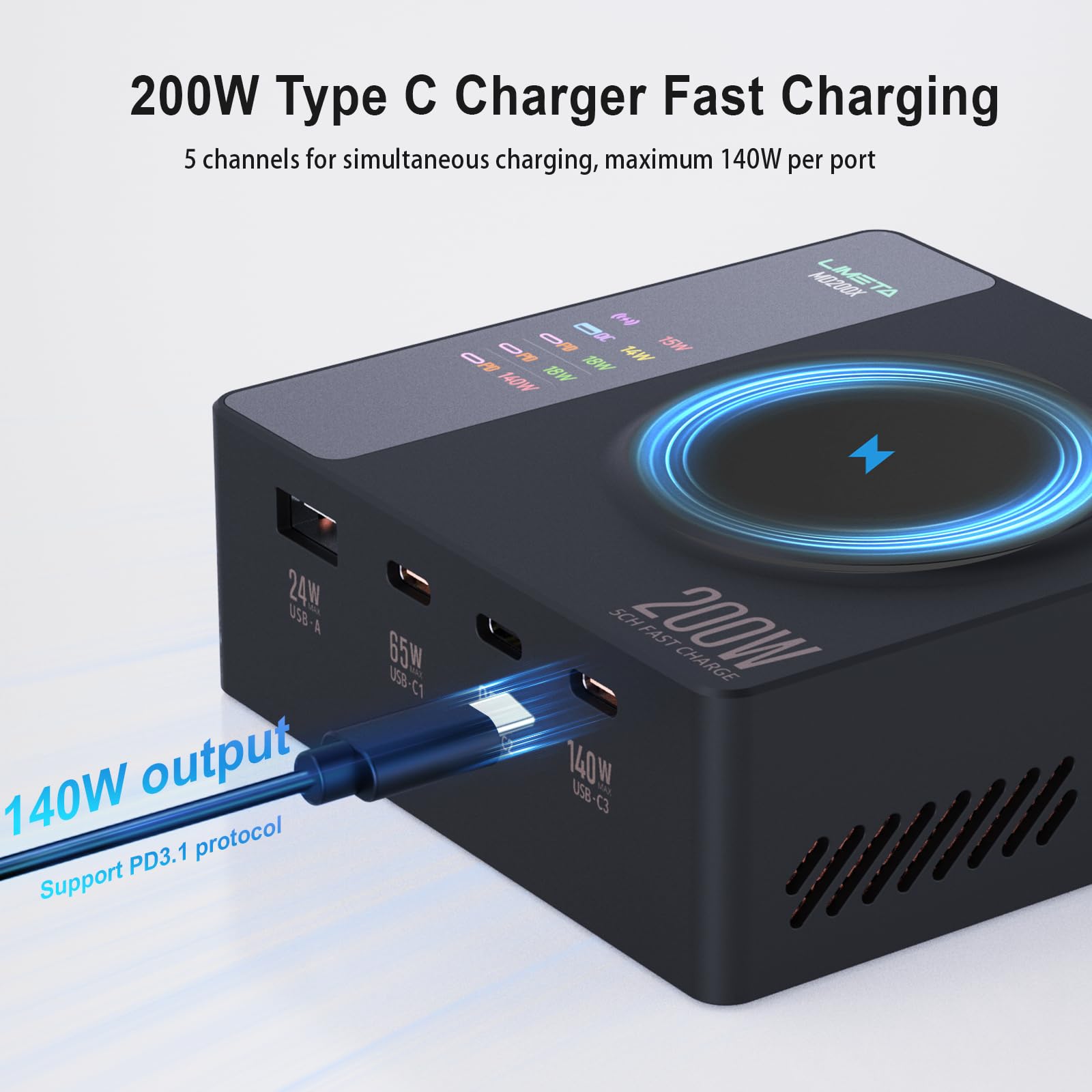 LIMETA 200W Cargador de Escritorio 5en1 - Estación de Carga con Carga Inalámbrica, Indicador de Batería, Organizador de Escritorio, USB-C & A, Cargador Rápido