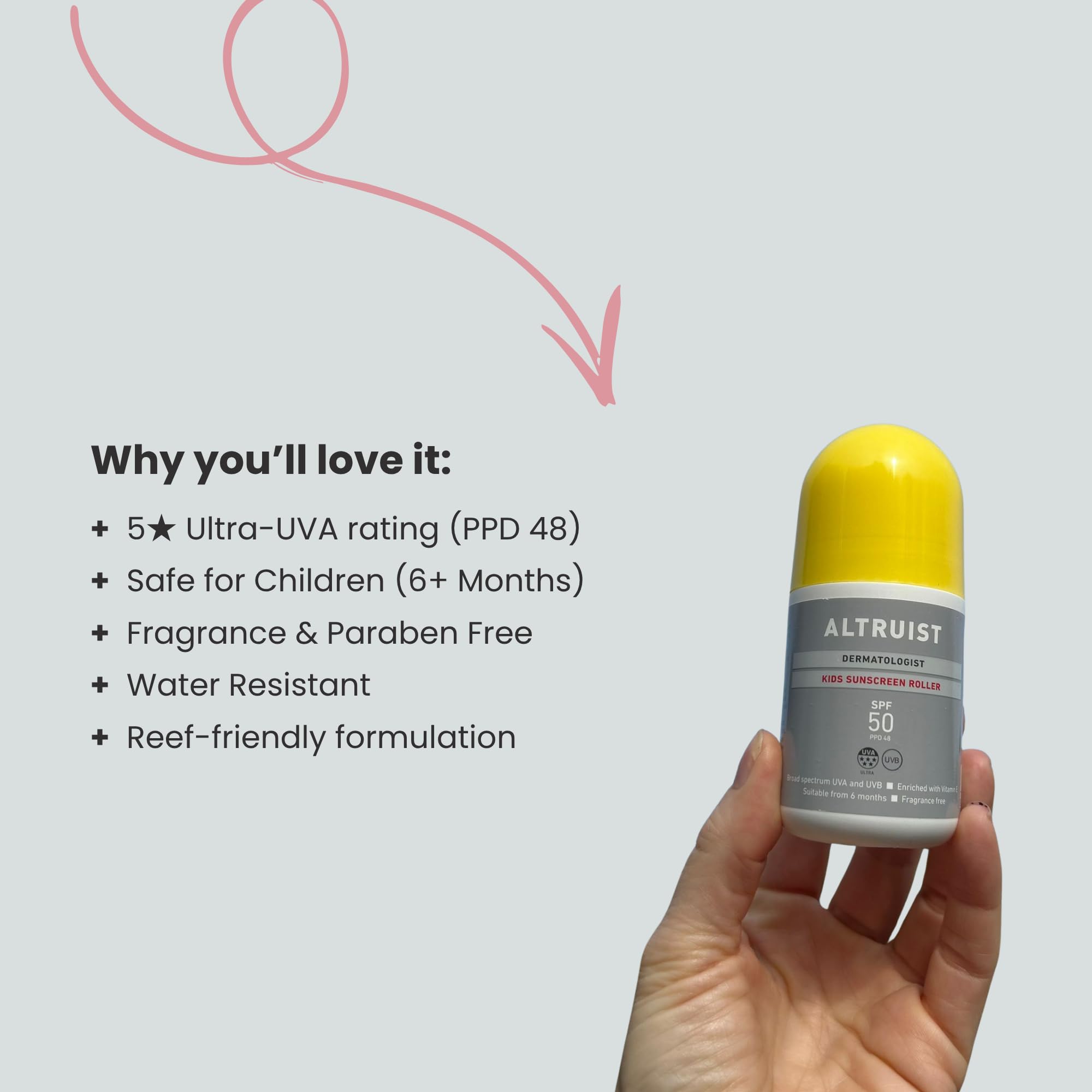 Altruist Kids Roller écran solaire SPF 50 pour enfants et bébés (à partir de 6 mois), protection UVA 5 étoiles, imperméable, non gras, avec vitamine E, application facile - 100 ml