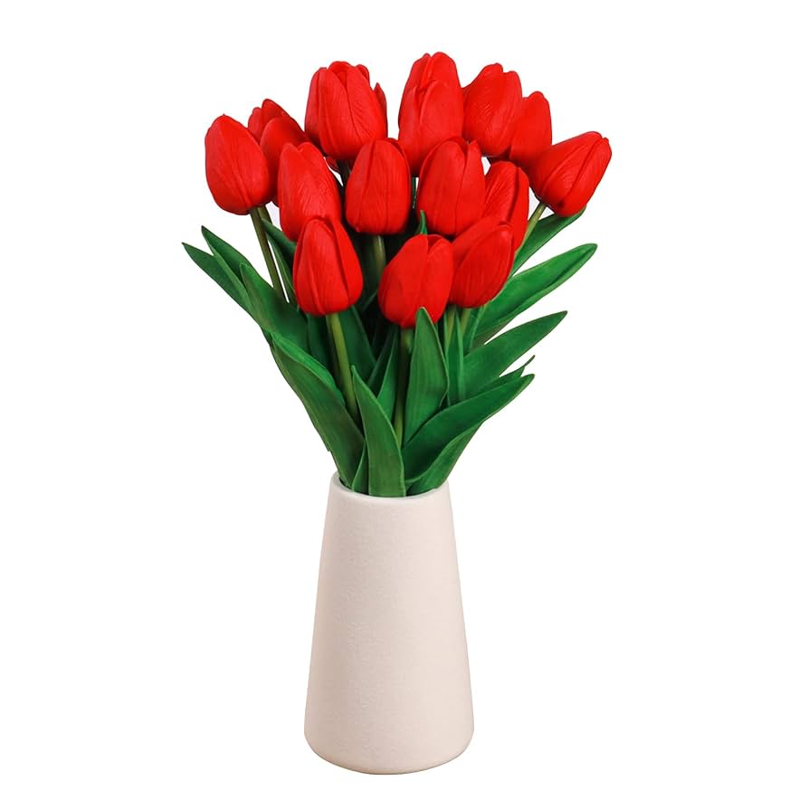 Amazon｜VaryFloral レッドチューリップ造花 20個 (花瓶付き) PU