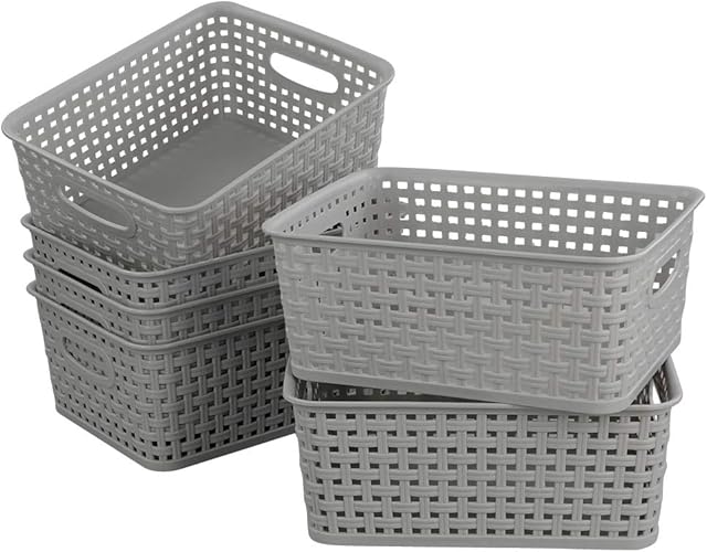 Gitany 6-Pack Silver Grey Plastic Woven Baskets, Gray Weave Storage Basket
