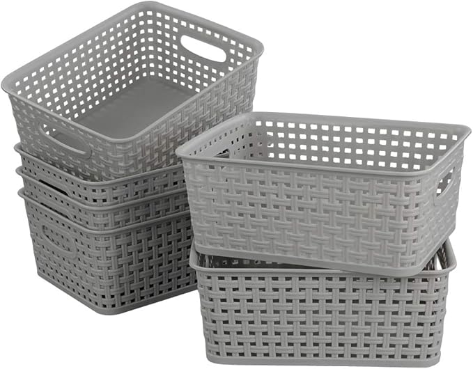 Gitany 6Pack Silver Grey Plastic Woven Baskets, Gray Weave Storage