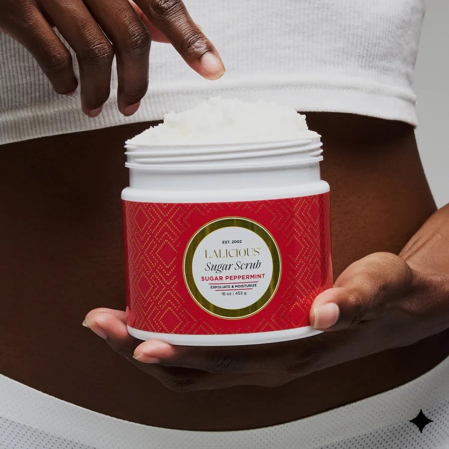 Image of LALICIOUS Sugar Peppermint Exfoliating & Moisturizing Body Scrub | Coconut Oil | Pre-Shave Scrub for Ingrown Hairs & Razor Bumps | Gently Buffs & Smooths Sensitive Skin | No Parabens | Large 16oz