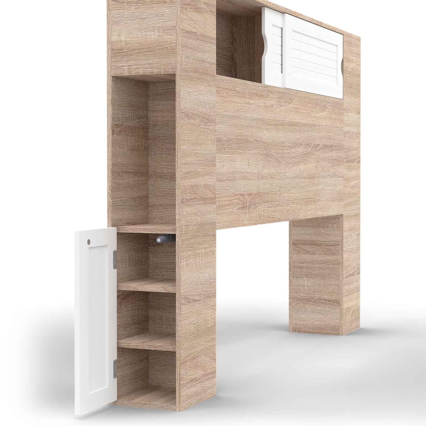 IDMarket - Cabecero de cama con pie Salem 145 cm con almacenamiento cerrado y nichos de madera y blanco