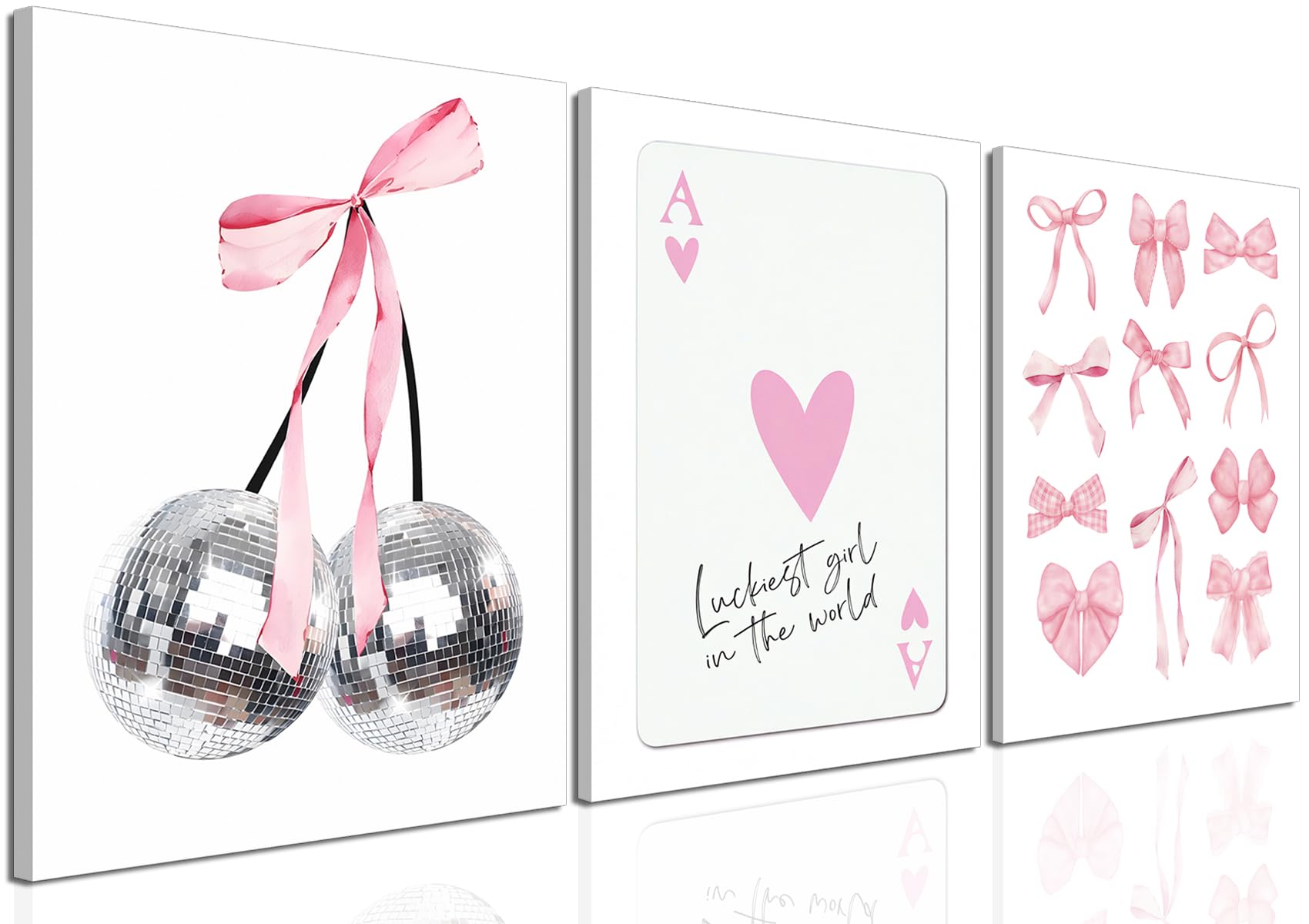 LMYSXAOZ Pink Bows Wall Art Set of 3, Preppy Coquette Decor, Trendy Disco Ball and Lucky Card Poster Canvas Prints for Teen Girl Apartment Bedroom Living Room Aesthetic 16x24 inch Framed