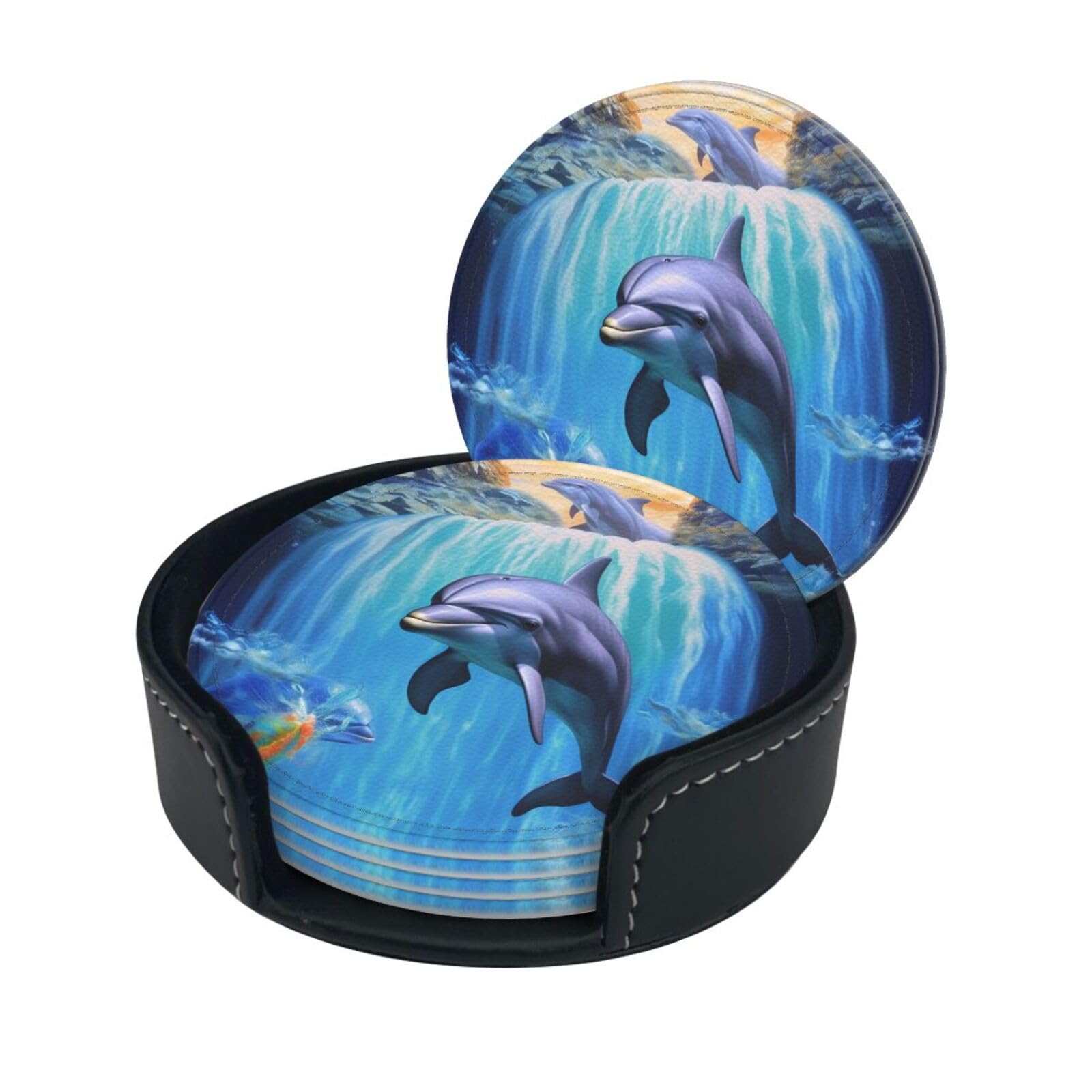 Stylish Coasters - Dolphin Set of 6 Round Leather Drink Coasters with Holder - Perfect Size for Cups and Glasses