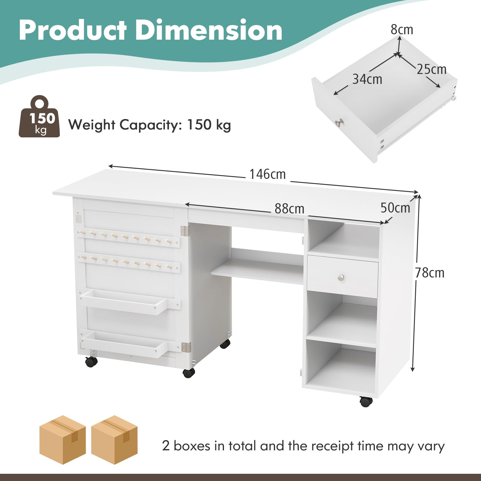 LIFEZEAL Table de Couture Pliante, Armoire pour Machine à Coudre avec Etagères de Rangement, Crochets, Bureau de Couture Réglable avec 6 Roues Verrouillables, Design Compact, Blanc