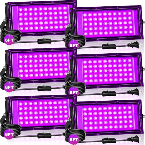 Image of TigQiang 50W 6 Pack Black Light Glow in Dark Party, Blacklight Halloween | IP66 LED Outdoor Blacklights Flood Light for Body Paint, Room, Fluorescent Poster, Neon Decor, 6Ft & Plug & Switch, 385-400nm