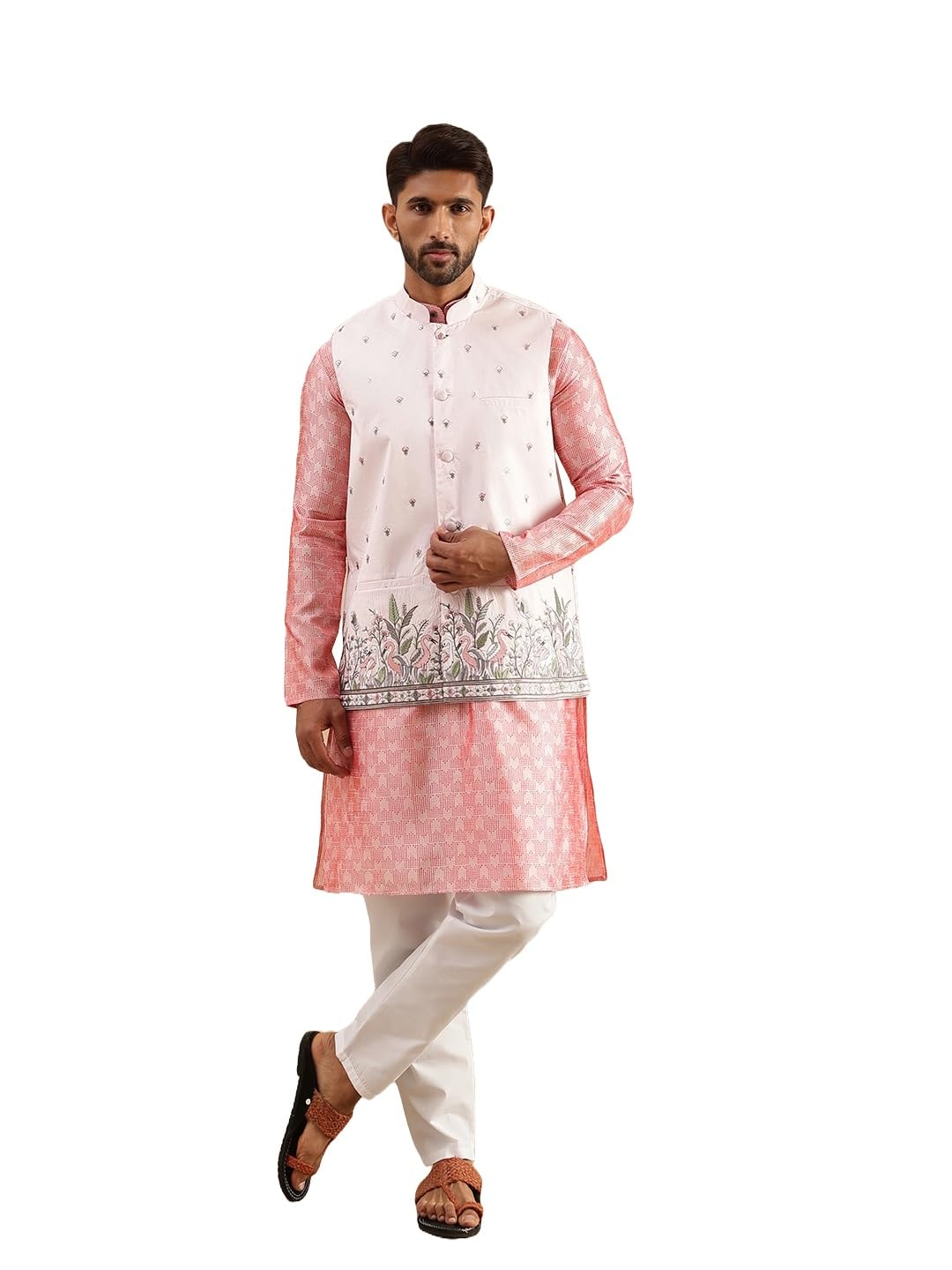sojanya Men's Jacquard Silk Peach Kurta & White Pyjama With Daman Embroidered Nehru Jacket-picture-34