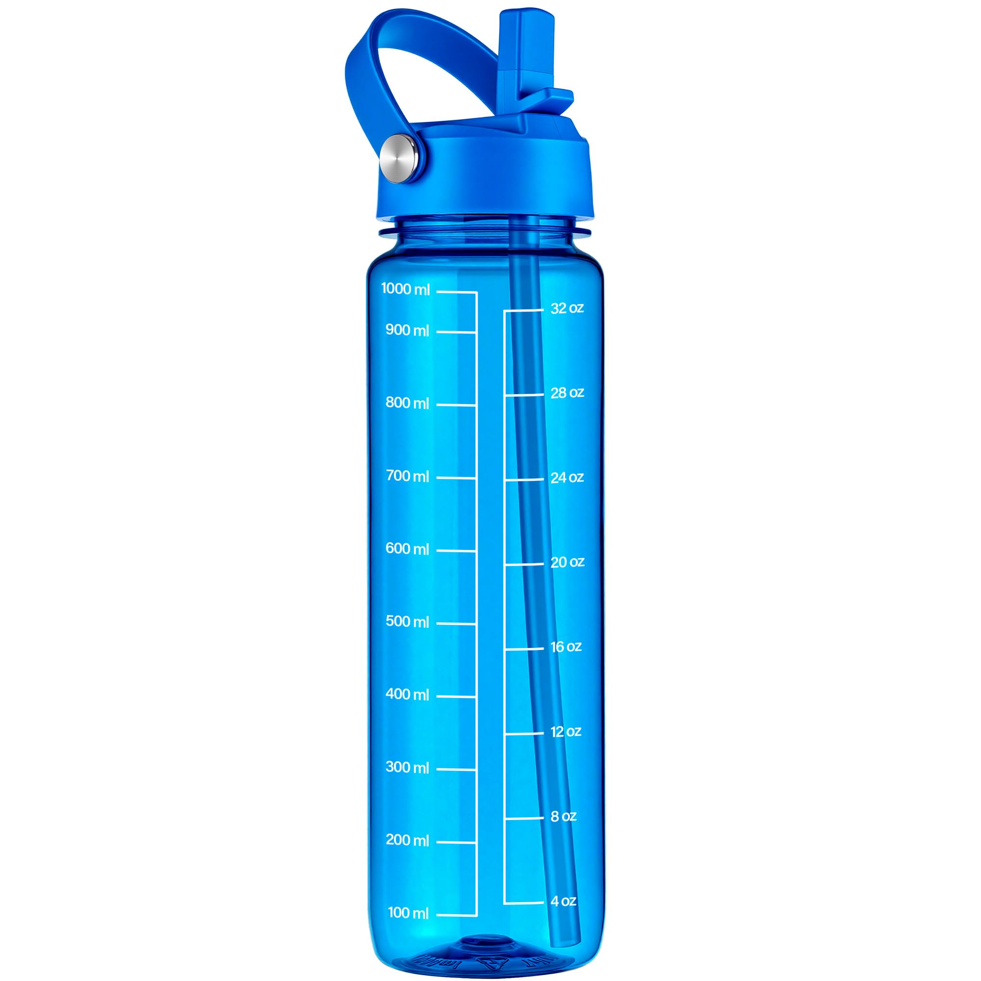 GOPPUS 1000ml/32oz Clear Water Bottle with Straw, Tritan Leakproof Sports Drinking Bottle, BPA Free Wide Mouth Gym Bottle with Handle and Measurement Marks for School, Gym, Travel (Blue)