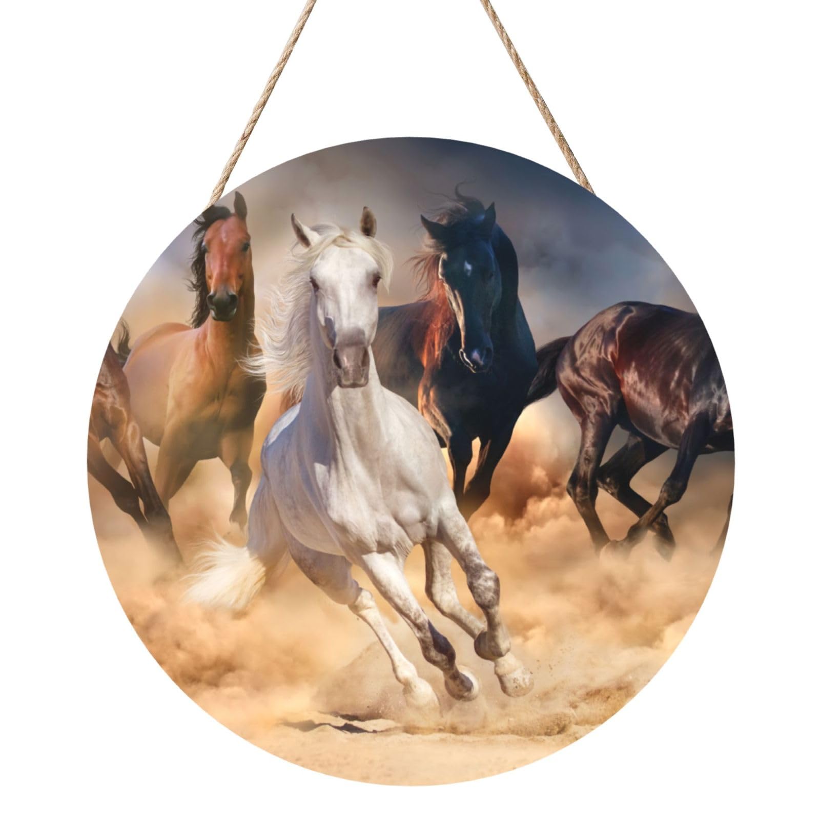 InOmak Horse Running In The Desert, Round Wood Panel Painting 12 in, Wall Hanging Painting For Home