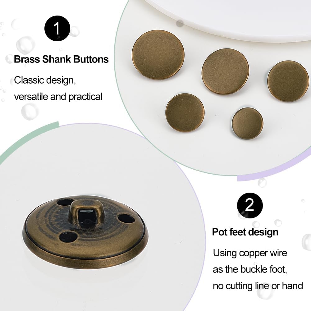 OLYCRAFT 50pcs Flat Shank Buttons Metal Blazer Button Set Brass Vintage Shank Buttons 15mm 18mm 20mm 23mm 25mm Flat Sewing Buttons for Blazer, Suits, Coat, Uniform and Jacket - Antique Bronze