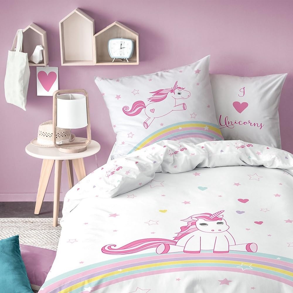 Set Biancheria Da Letto Unicorno E Arcobaleno - 135x200cm + 80x80cm, 100% Cotone Per Bambine - Foto 12