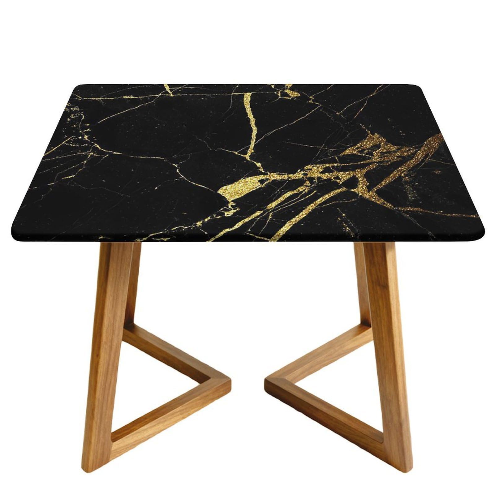 Morbuy Waterproof Oxford Cloth Tablecloth Cover, Elastic Square Fitted Tables for Kitchen/Garden, 3D Marble Print Stain-Resistant Table Cover (Black Gold,100x100cm)