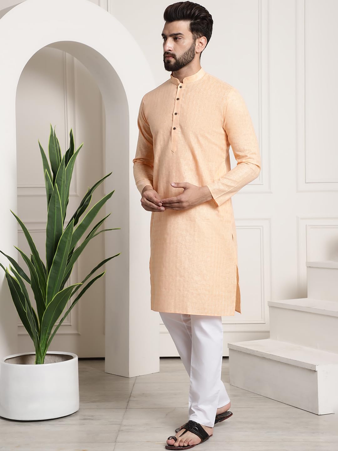 Sojanya (Since 1958 Men's Cotton Blend Peach Checked Kurta And White Churidar Pyjama Set