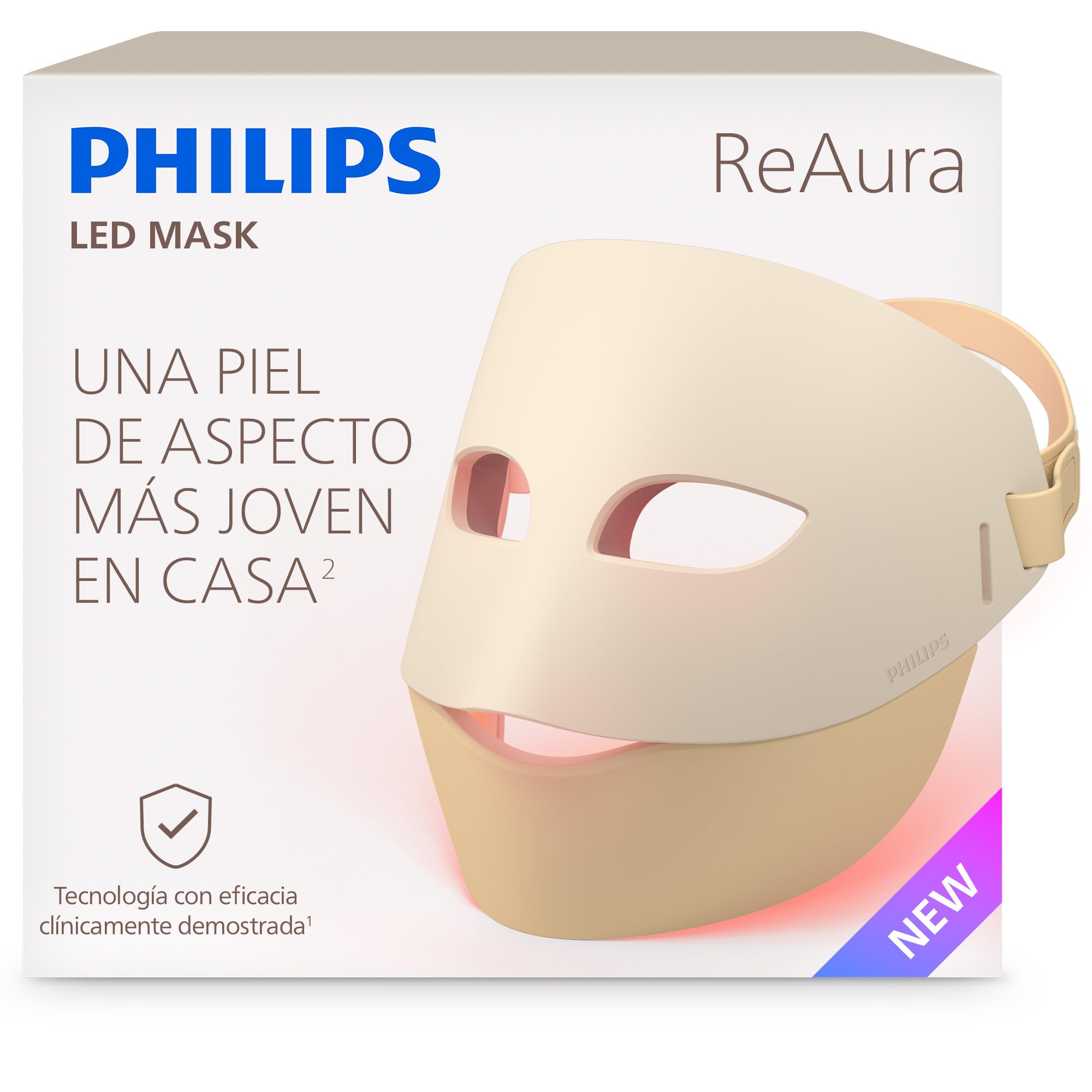 Philips LED ReAura Máscara facial – rostro, contorno de ojos y cuello, 3 modos, luz roja, azul e infrarroja cercana, eficacia clínicamente demostrada¹, ajuste flexible, rutina de 10 min, LTM7100/00