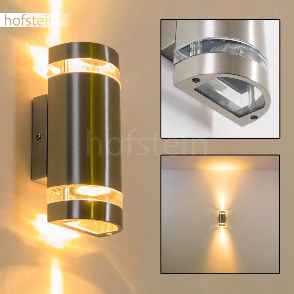HOFSTEIN Außenwandleuchte Maturin, Außenwandlampe aus Metall/Kunststoff in Edelstahlfarben/Klar, moderne Wandlampe mit Up&Down-Lichteffekt, 2 x GU10, IP44, Eingangsbereich, Haustüre, Terrasse, Hof