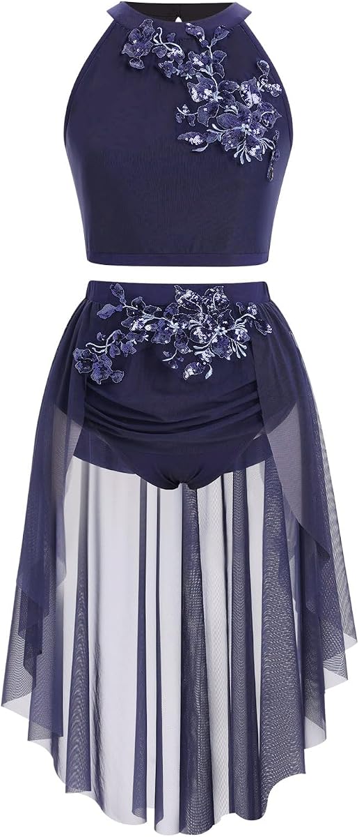 IBAKOM Women 2PCS Floral Sequins Lyrical Dance Costume | Halter Sparkly Flower Crop Top High-Low Skirt with Briefs Adult Contemporary Dance Outfits Acrobat Salsa Jazz Leotard Dress
