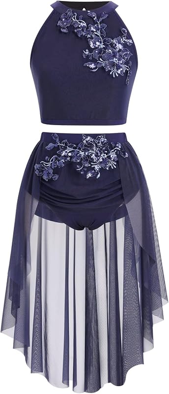 IBAKOM Women 2PCS Floral Sequins Lyrical Dance Costume | Halter Sparkly Flower Crop Top High-Low Skirt with Briefs Adult Contemporary Dance Outfits Acrobat Salsa Jazz Leotard Dress