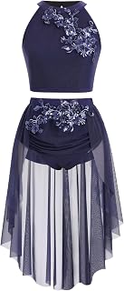 IBAKOM Women 2PCS Floral Sequins Lyrical Dance Costume | Halter Sparkly Flower Crop Top High-Low Skirt with Briefs Adult Contemporary Dance Outfits Acrobat Salsa Jazz Leotard Dress