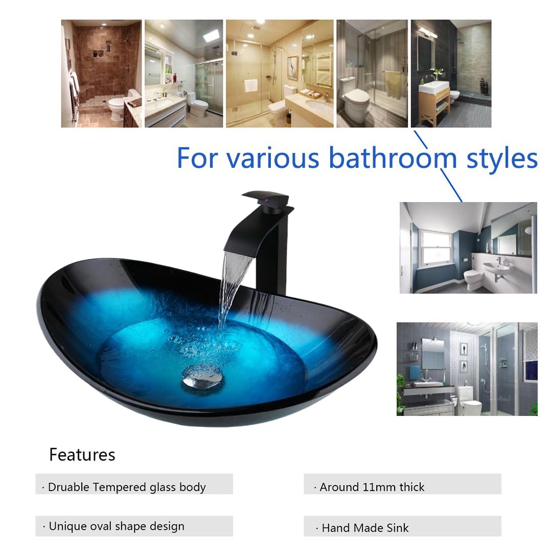 Llave de la Cuarto de baño Vessel – Set de fregadero Contemporáneo Estilo vidrio Templado + Juego + cromo tapón de drenaje 6
