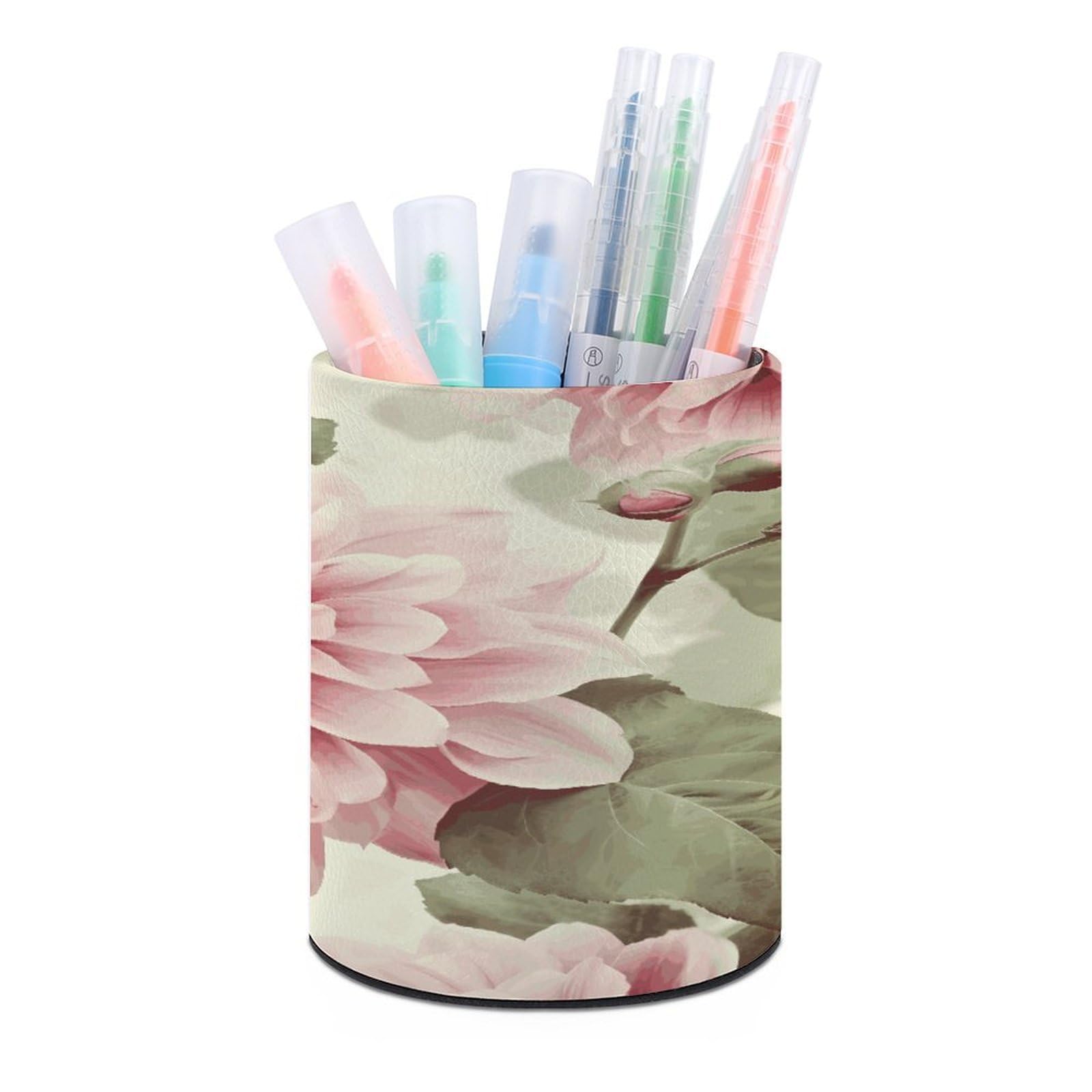 JTREHY - Pink Flower Pen Holder Classic Design Pencil Holder PU Leather Stationery Organizer Office Accessories Container Box