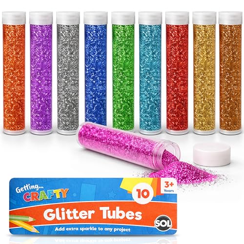 SOL 10pk Kids Glitter Tubes in 10 Assorted Vibrant Colours - Fine Glitter for Arts and Crafts Slime Card Making Nail Art and Decorations - Easy-Pour Shaker Pots for Kids and Adults