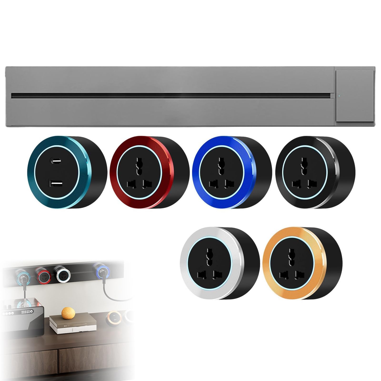Multipresa da 8000w 32a con Interruttore, Presa a Muro, 1 Presa USB E 5 Prese Universali, con Binario per Montaggio a Parete, Ideale per Soggiorno, Cucina E Ufficio grey-75cm