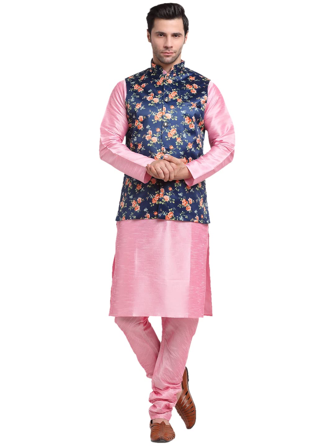 Men Pink Kurta Churidar With Blue Satin Nehru Jacket-image-18
