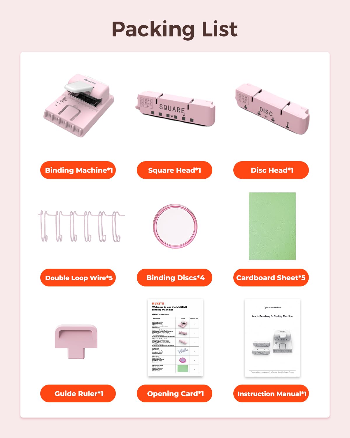 MUNBYN Encuadernadora, Cabezales Intercambiables, Perfora Papel A4 70g, para Planificadores A4/A5/B5, Diarios DIY y Scrapbooks – Rosa
