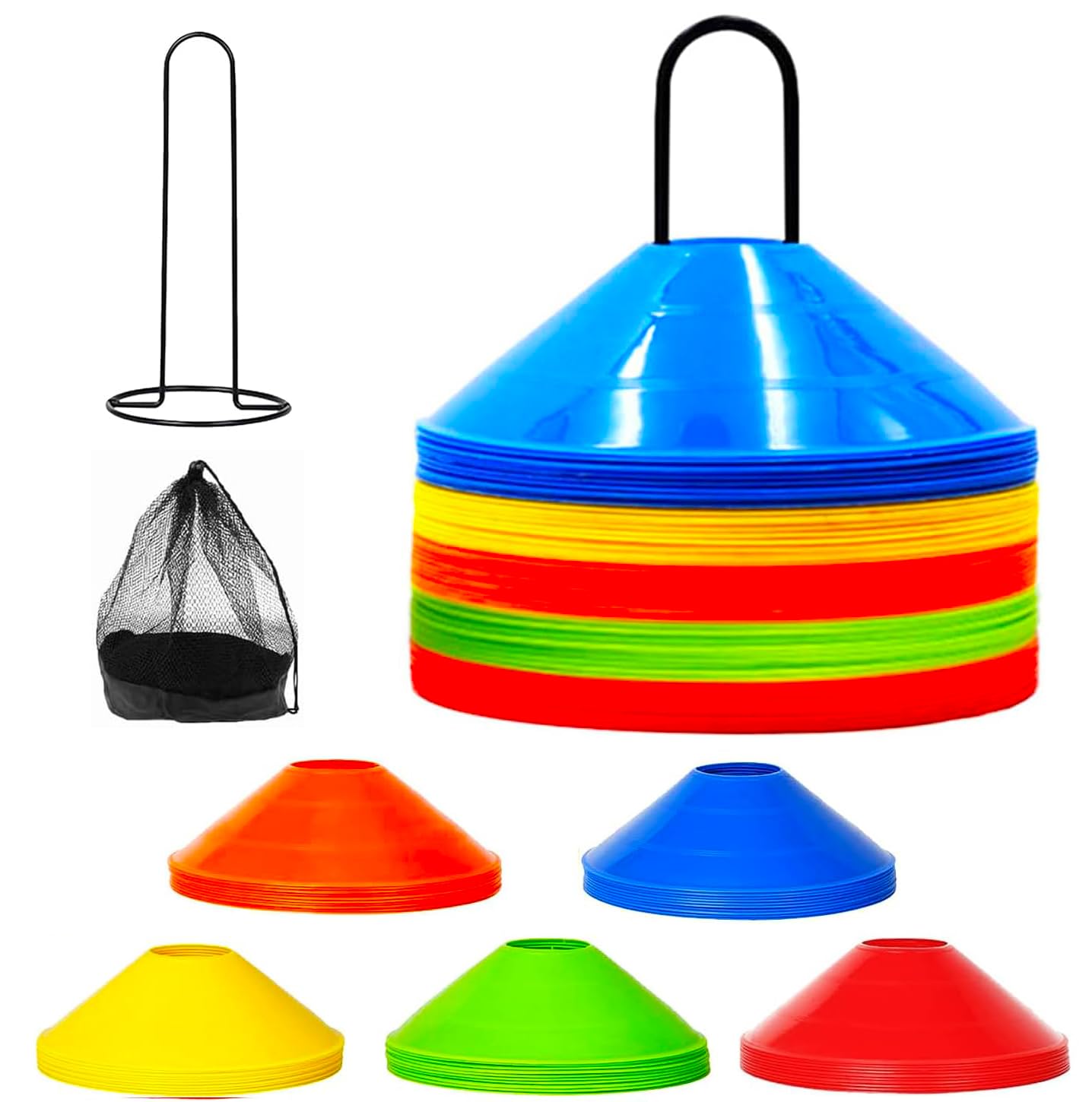 Paquete de 50 conos de fútbol, marcadores de entrenamiento con soporte, conos deportivos de 5 colores para práctica de fútbol, accesorios de entrenamiento de fútbol duraderos, equipo esencial para
