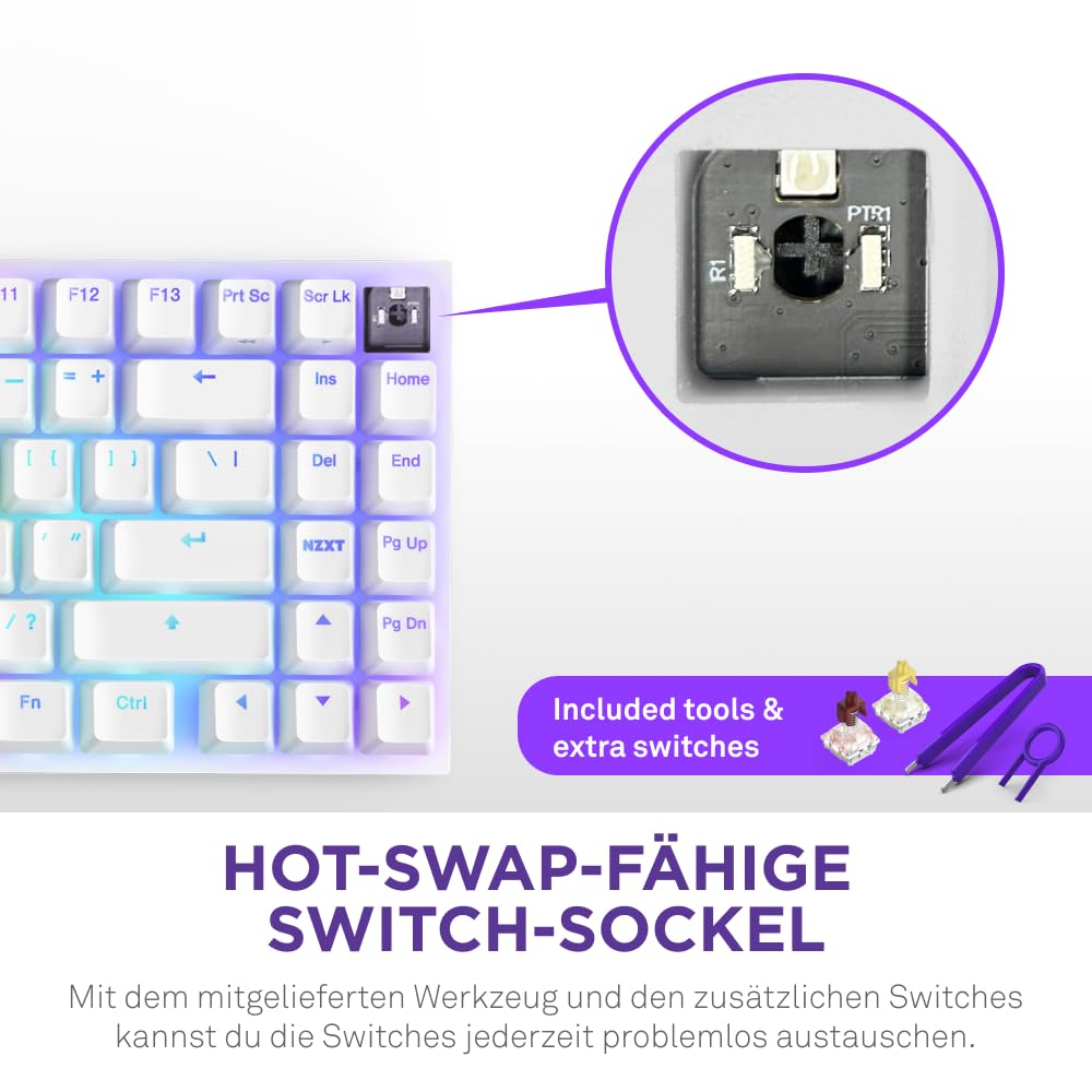 NZXT Function 2 MiniTKL - 2024 Optische Tenkeyless Gamingtastatur | RGB beleuchtet | 8K-Abfragerate | Lineare Opt. Switches | Einstellbare Auslösung | Hot-Swap | Gaming Keyboard | Weiß DE (QWERTZ)