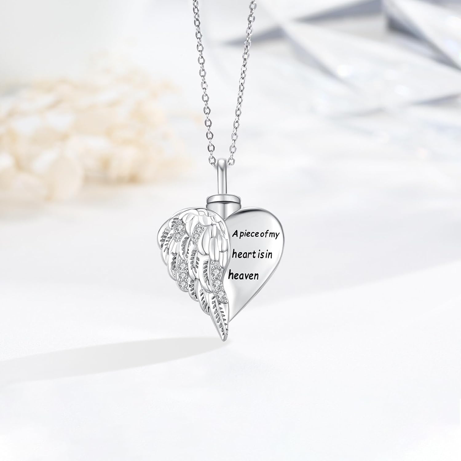 CHENGHONG Angel Wings Urn Necklace for Women Men 925 Sterling Silver Opal Angels Wing Heart Urn Pendant Necklace for Ashes Jewelry - Image 3