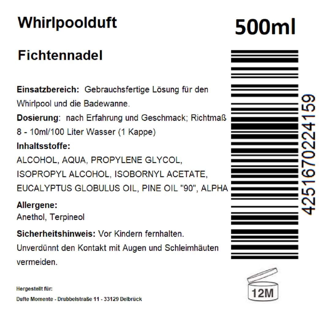 Dufte Momente | Whirlpool Duft 500ml | Fichtennadel | mit naturreinen und natürlichen ätherischen Ölen | kein Schaum | vegan und ohne Tierversuche