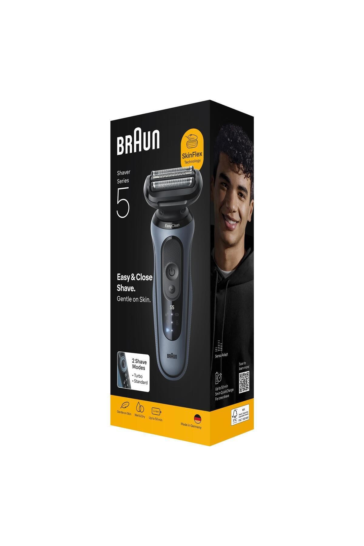 Braun Afeitadora eléctrica para hombre Serie 5, 52-A1000s, azul, afeitadora eléctrica inalámbrica, recortadora de barba con batería de 50 minutos, impermeable, fabricada en Alemania, incluye tapa