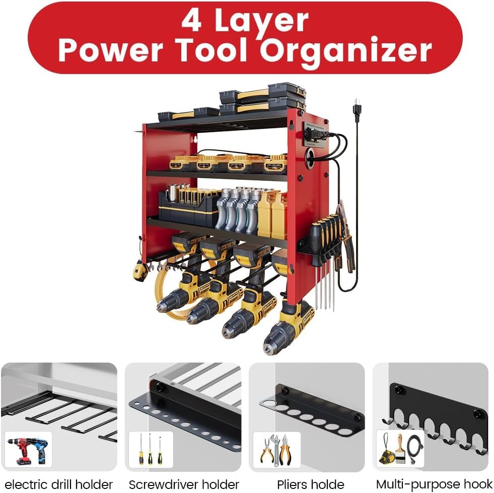 Image of 4-Tier Power Tool Organizer, Built-in 2-Outlet Charging Station for Small Garages, 400lb Capacity 12mm Steel Drill Holder & Battery Storage for DIY Home Workshops (4 Slots with 2 Outlets Power Strip)