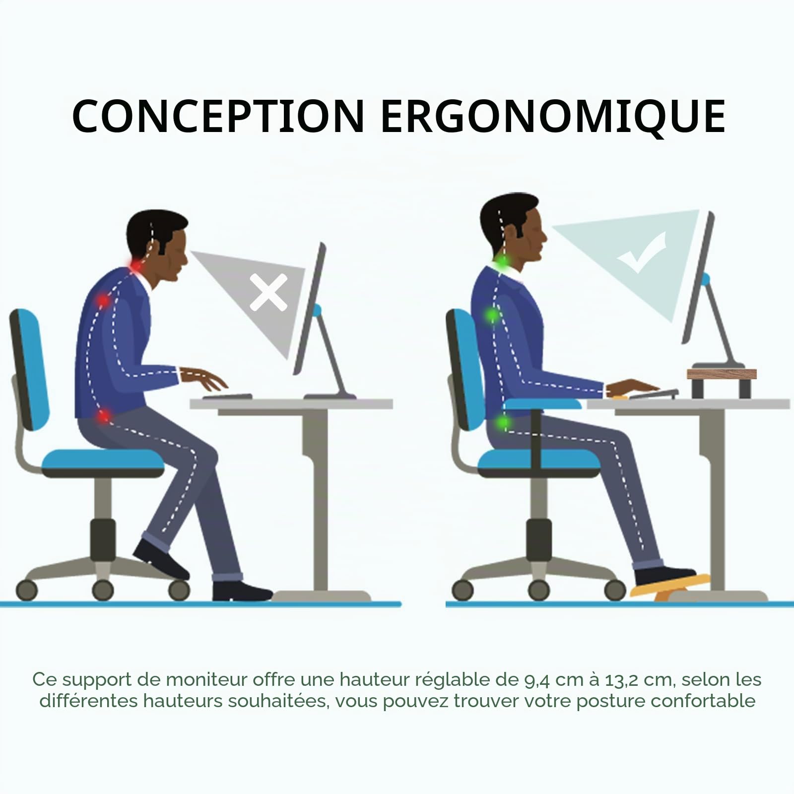 Support de moniteur double avec pieds en acier à hauteur réglable, support de moniteur en bois pour bureau, rehausseur de moniteur pour 2 moniteurs avec espace de rangement