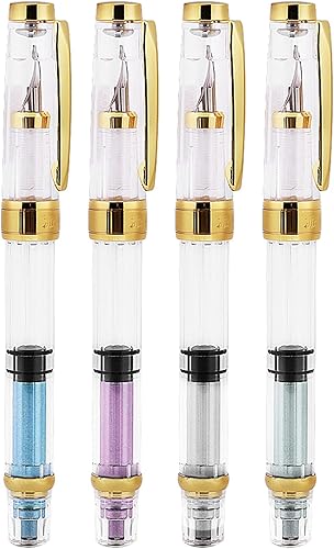 Walfront Pluma estilográfica de relleno de pistón, punta fina dorada, transparente, colores surtidos, juego de 4, plumas estilográficas de acero