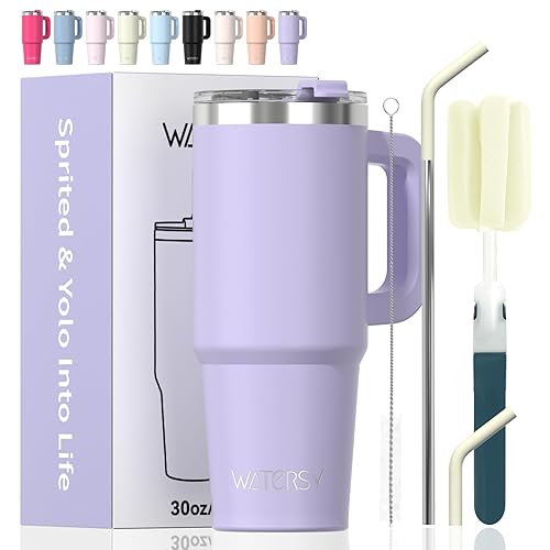 WATERSY 30 oz Tumbler with Handle,Tumbler with Lid and Straw,Double Wall Insulated Cup Stainless Steel Travel Mug(Cold for 34 Hours),Water Bottle for Iced Tea,Coffee,Cold Beverages(Purple) - Purple - 30 Ounces