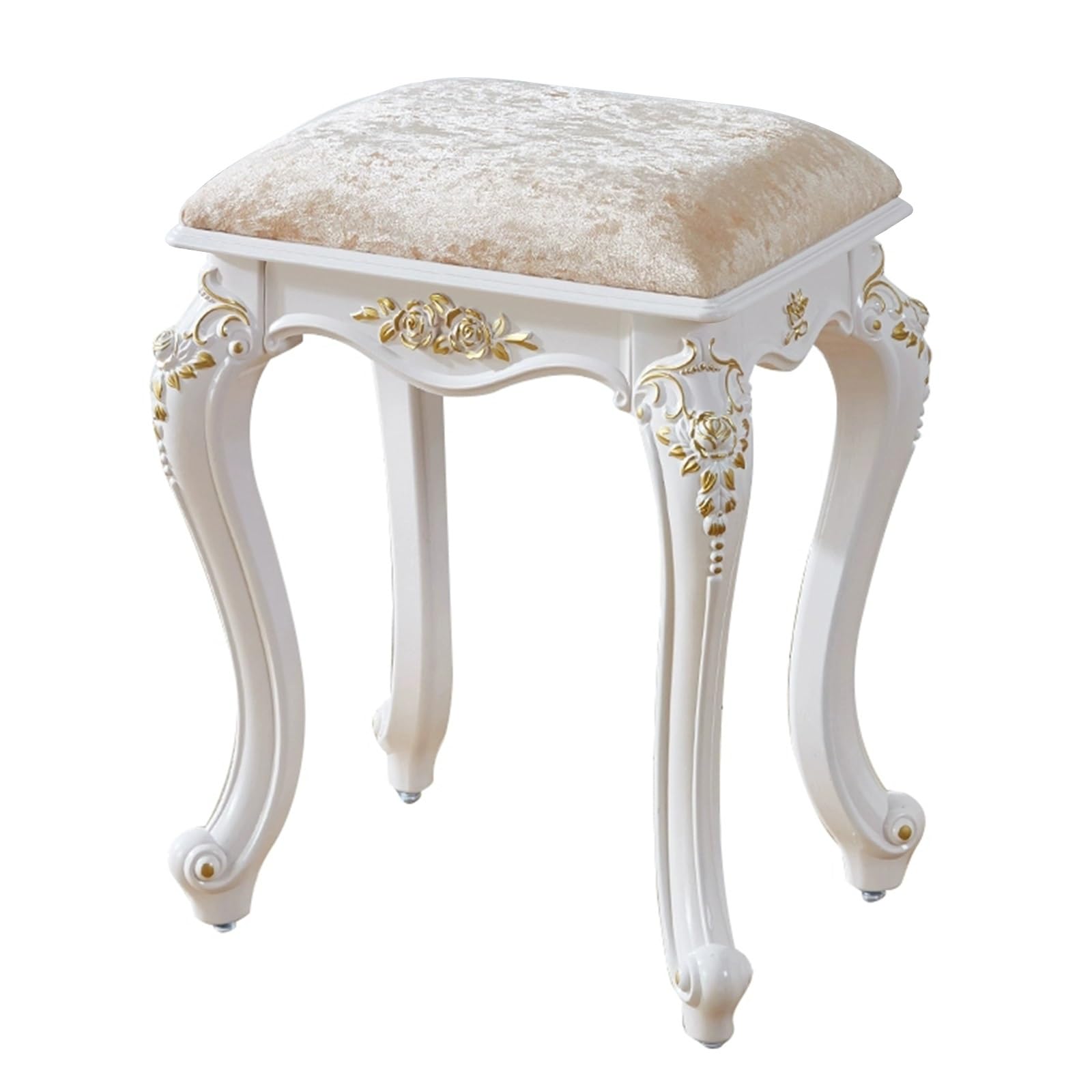 Yclty Vanity Stool Vintage Style, Makeup Velvet Stool, Ottomans Seat with White Legs & Padded Cushion, Sitting Height 18inch (Color : Champagne Velvet