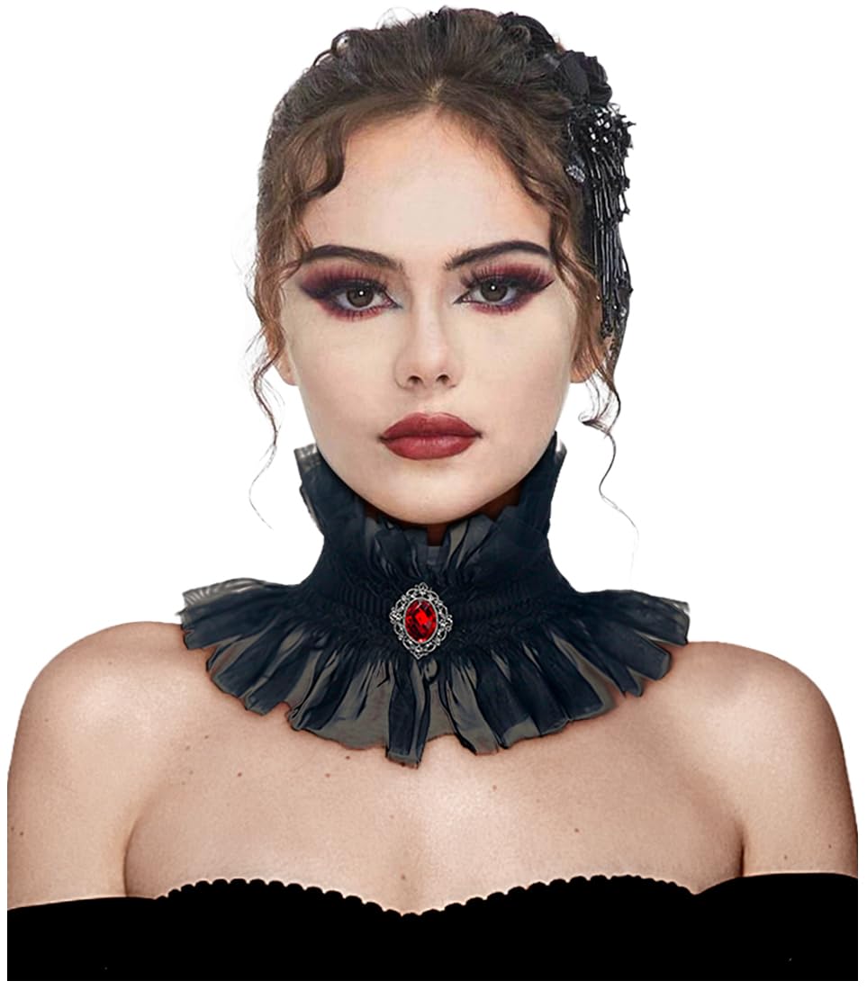 L'VOWGothic Ruffle Collar Victorian Neck Costume with Gem Renaissance Vampire Choker for Women