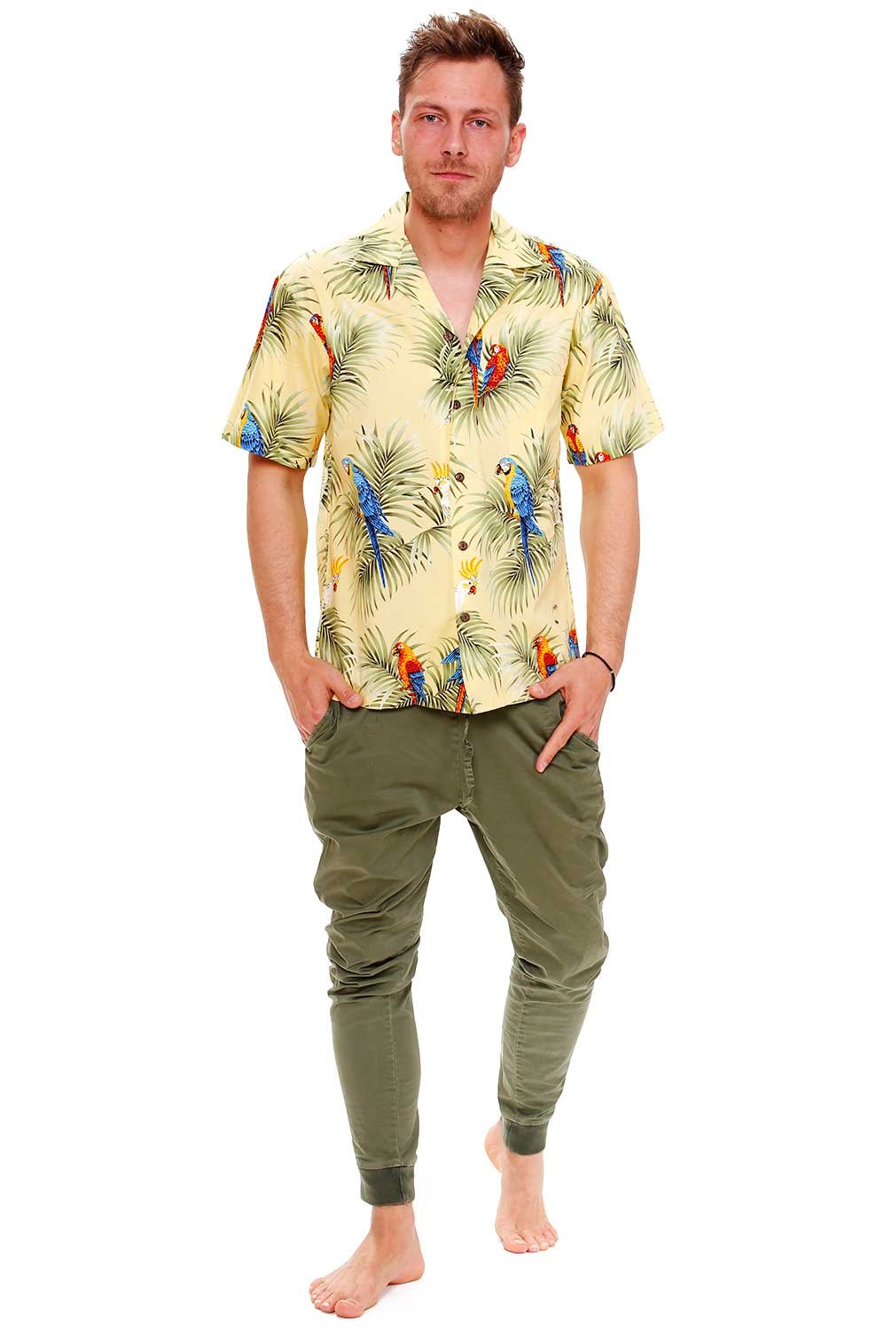 KY‘s | Original Camicia Hawaiana | Signori | S - 6XL | Maniche Corte | Tasca Frontale | Hawaii Stampa | Pappagallo | giallo