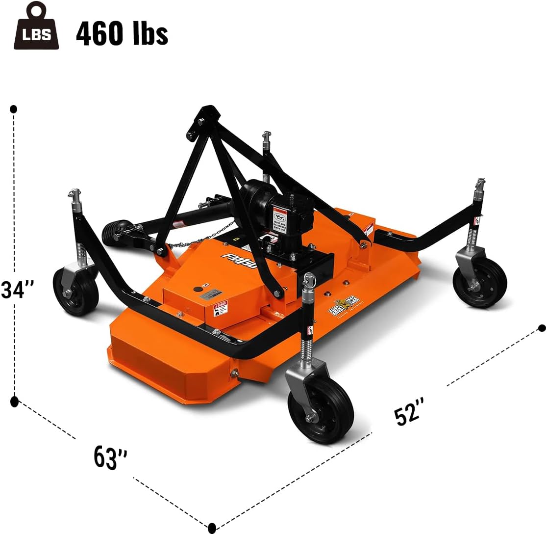 MechMaxx 3 Point PTO 60'' Working Width Finish Mower Attachment for 18-50hp Tractor, Category 1 Hitch, 4-Tires, 0.4'' - 4.5'' Adjustable Cutting Height, Model FM150