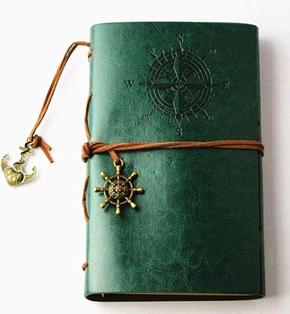 Vintage Nautical Leather Writing Journal Notebook,Loose Leaf Blank Refillable Daily Planner Embossed Travel Journal Diary Spiral Notebook With Unlined Paper, Retro Pendants (5 inches, Dark green)