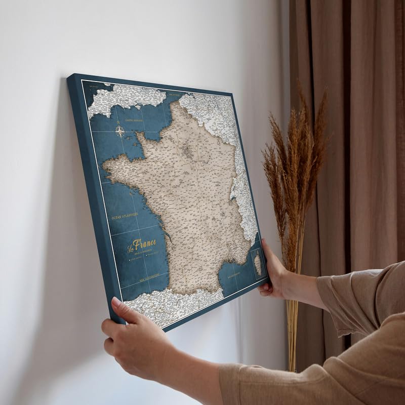 Carte de France sur toile avec tableau d'affichage en liège pour épingler les destinations - Tableaux de toile de carte de France de haute qualité de différentes tailles (80x80 cm Modèle 4)
