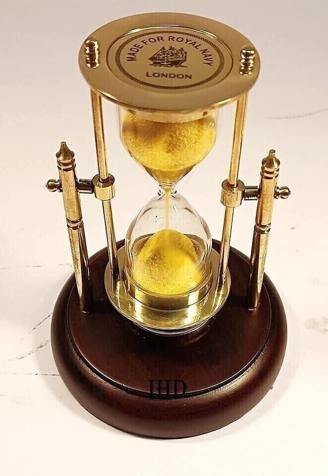 Vintage Nautical Brass Sand Timer Hourglass with Compass on Wooden Base, Natural Wood Brown, 6x4x3.5 Inches